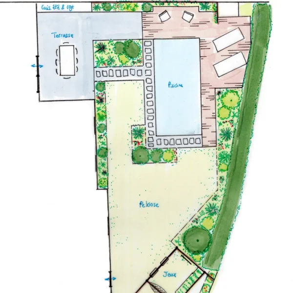 Paysagiste : conception de croquis et plans de jardin familial, espaces verts et aménagements de piscine autour de goulaine, vertou, saint julien de concelles