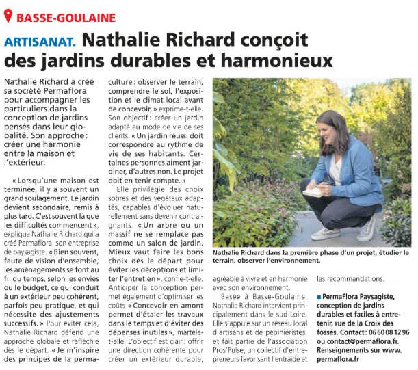 Presse et actualités : un article présentant Nathalie Richard à Basse Goulaine et son approche dans la conception de jardins durables avec PermaFlora Paysagiste