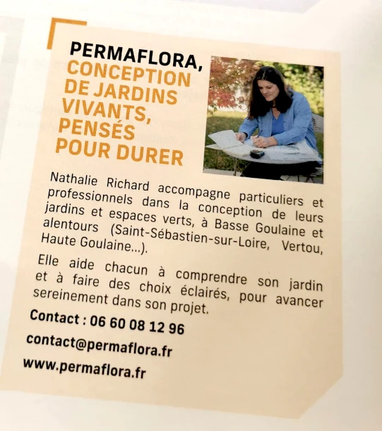 Presse et actualités : un article dans le magazine local de Basse Goulaine présentant Nathalie Richard de PermaFlora et son activité de conception de jardins